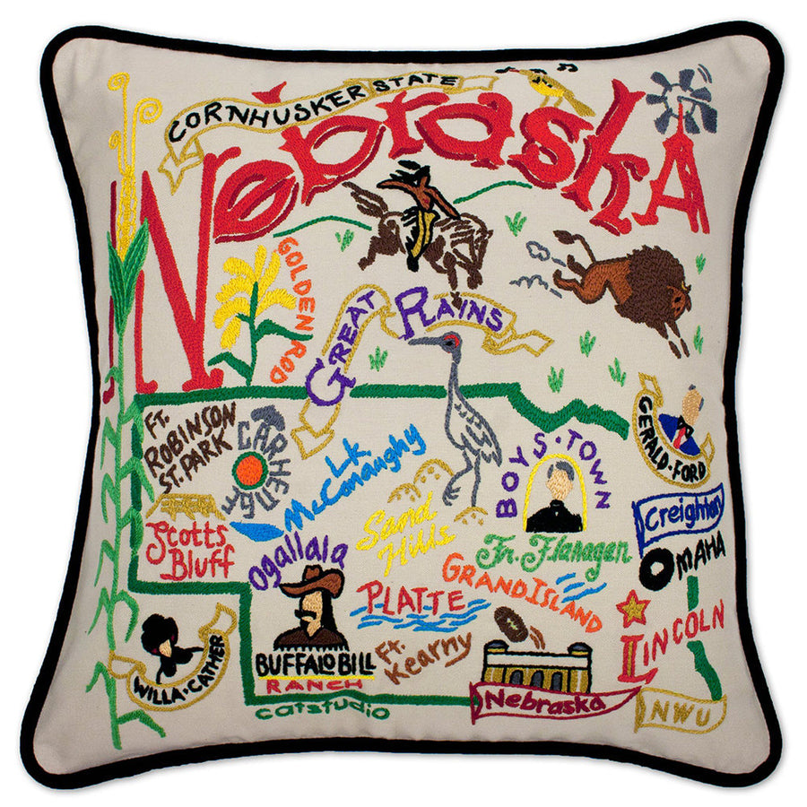 Nebraska Hand-Embroidered Pillow