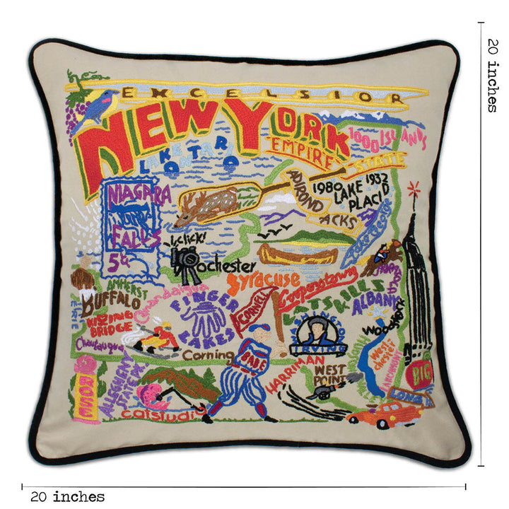 New York State Hand-Embroidered Pillow