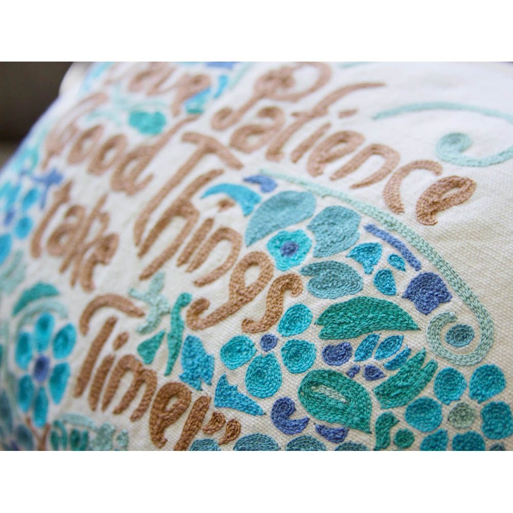 Patience Butterfly Love Letters Hand-Embroidered Pillow - Available in Pink or Blue by CatStudio