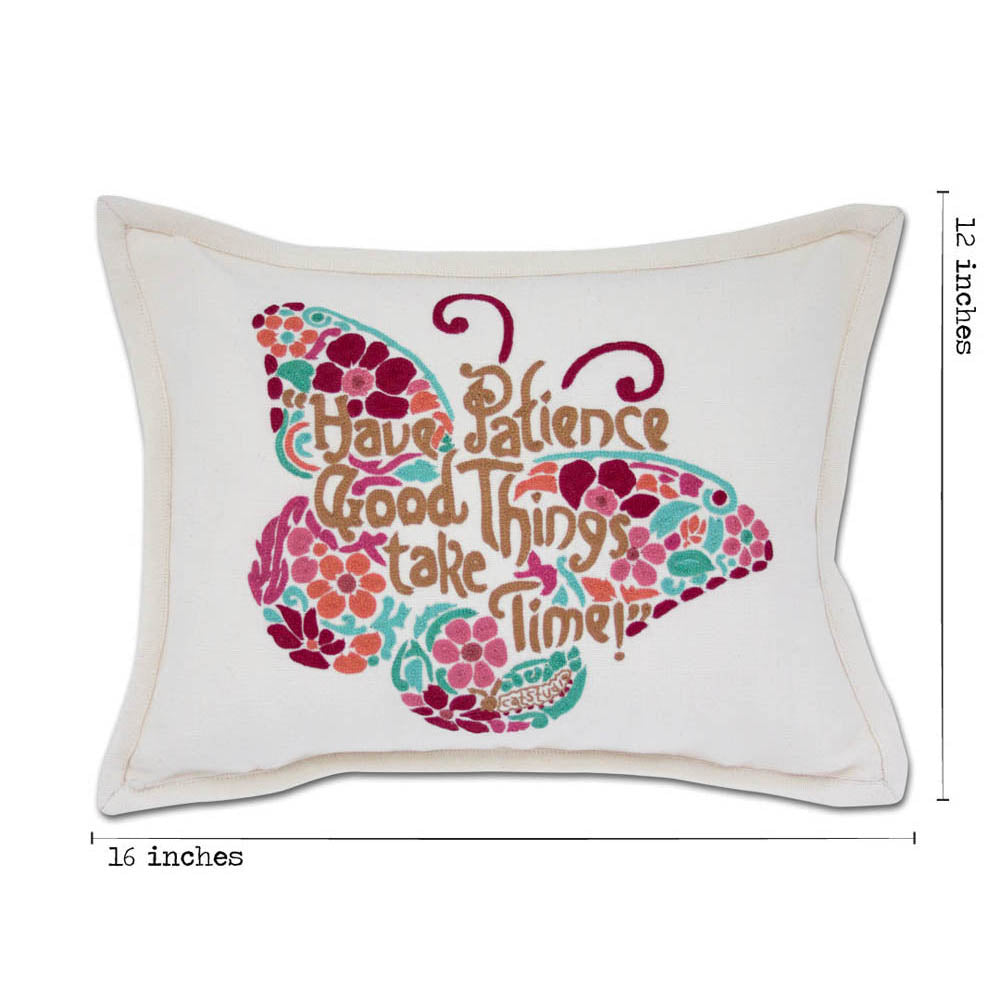 Patience Butterfly Love Letters Hand-Embroidered Pillow - Available in Pink or Blue by CatStudio