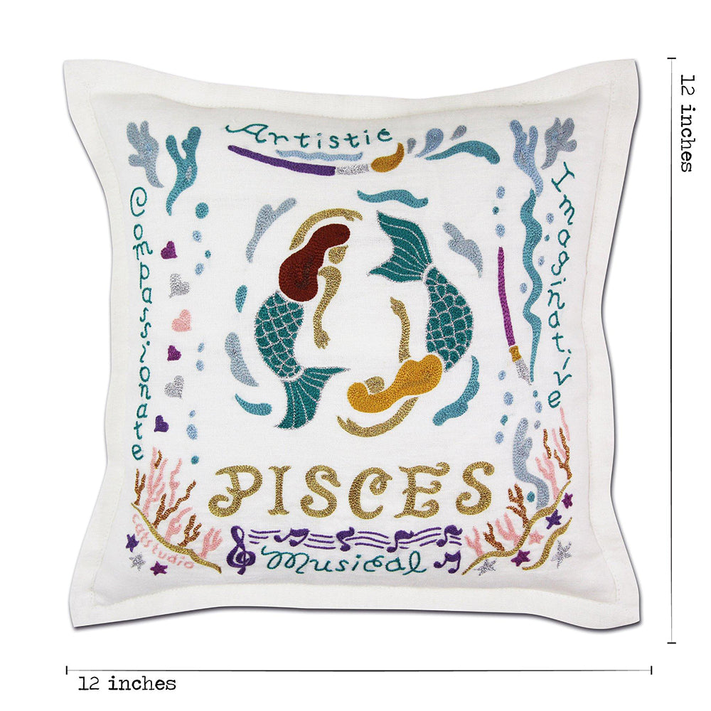 Pisces Astrology Hand-Embroidered Pillow by Cat Studio