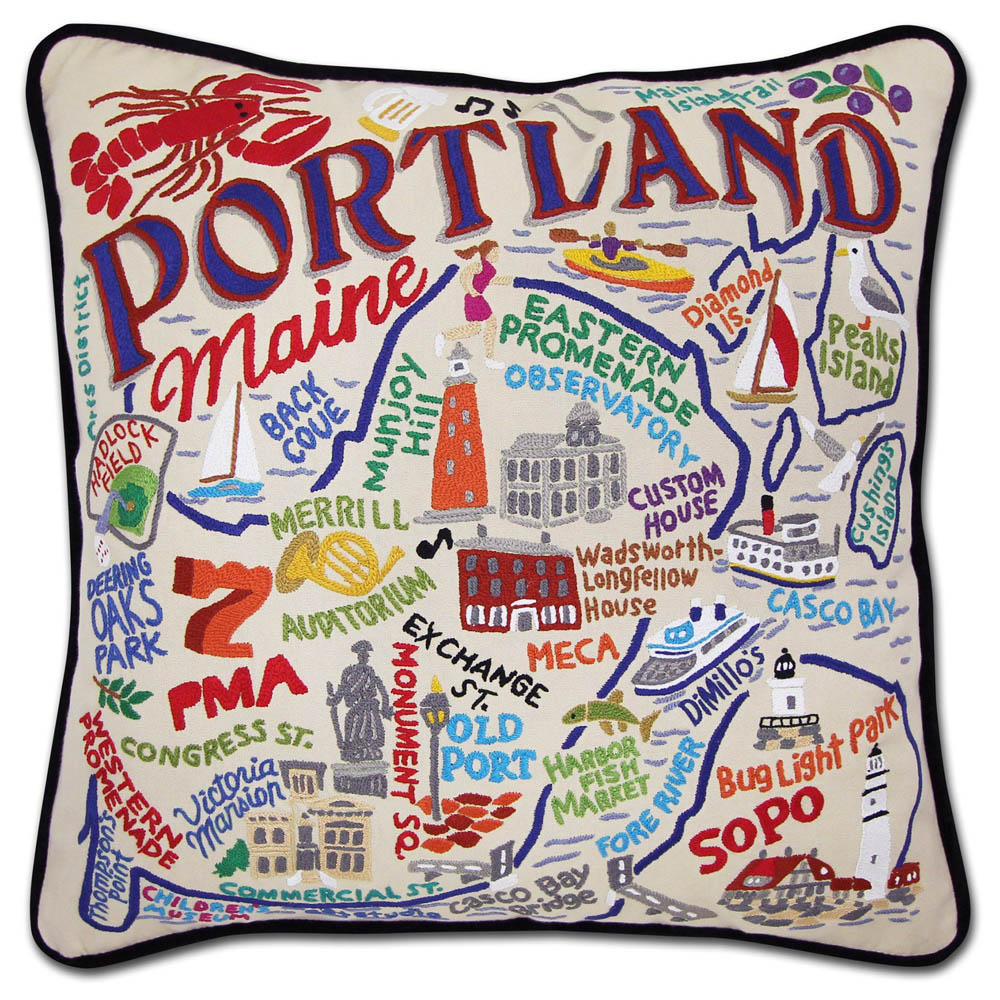 Portland, ME Hand-Embroidered Pillow by CatStudio