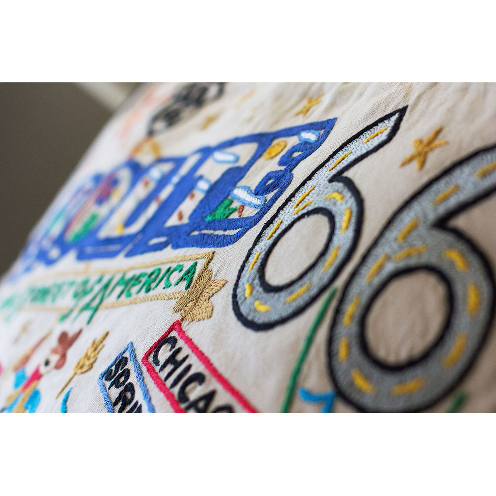 Route 66 Hand-Embroidered Pillow