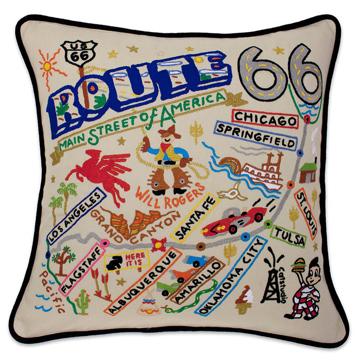 Route 66 Hand-Embroidered Pillow