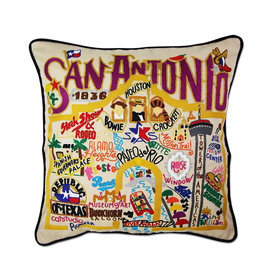San Antonio, TX Hand-Embroidered Pillow