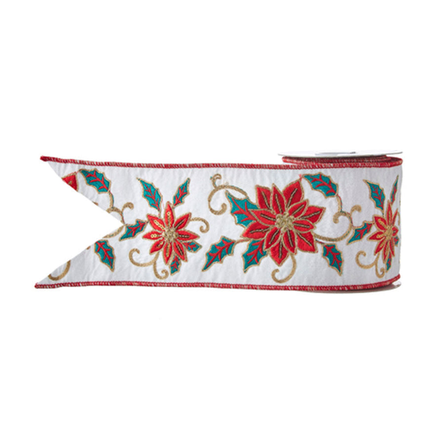 "SB" 4" X 5 YDS Embroidered Poinsettia Wired Ribbon by Raz Imports