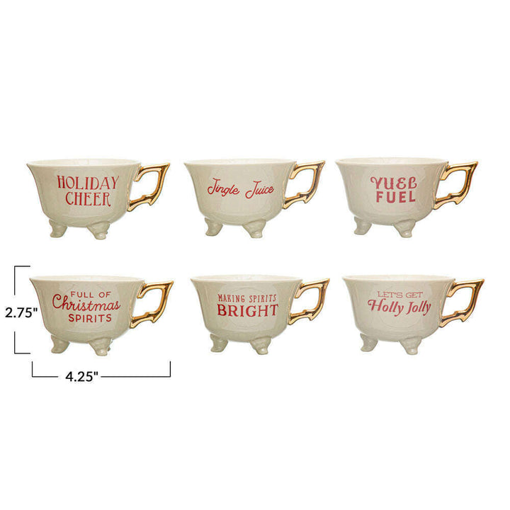 6 oz. Stoneware Footed Teacup w/ Saying & Gold Electroplating, 6 Styles by Creative Co-Op