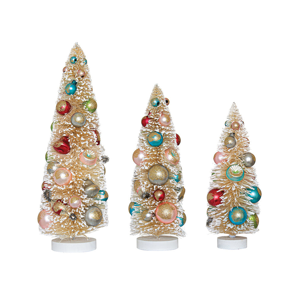 Sisal Bottle Brush Trees w/ Multi Color Ornaments & Wood Bases, Antique White, Set of 3 by Creative Co-Op