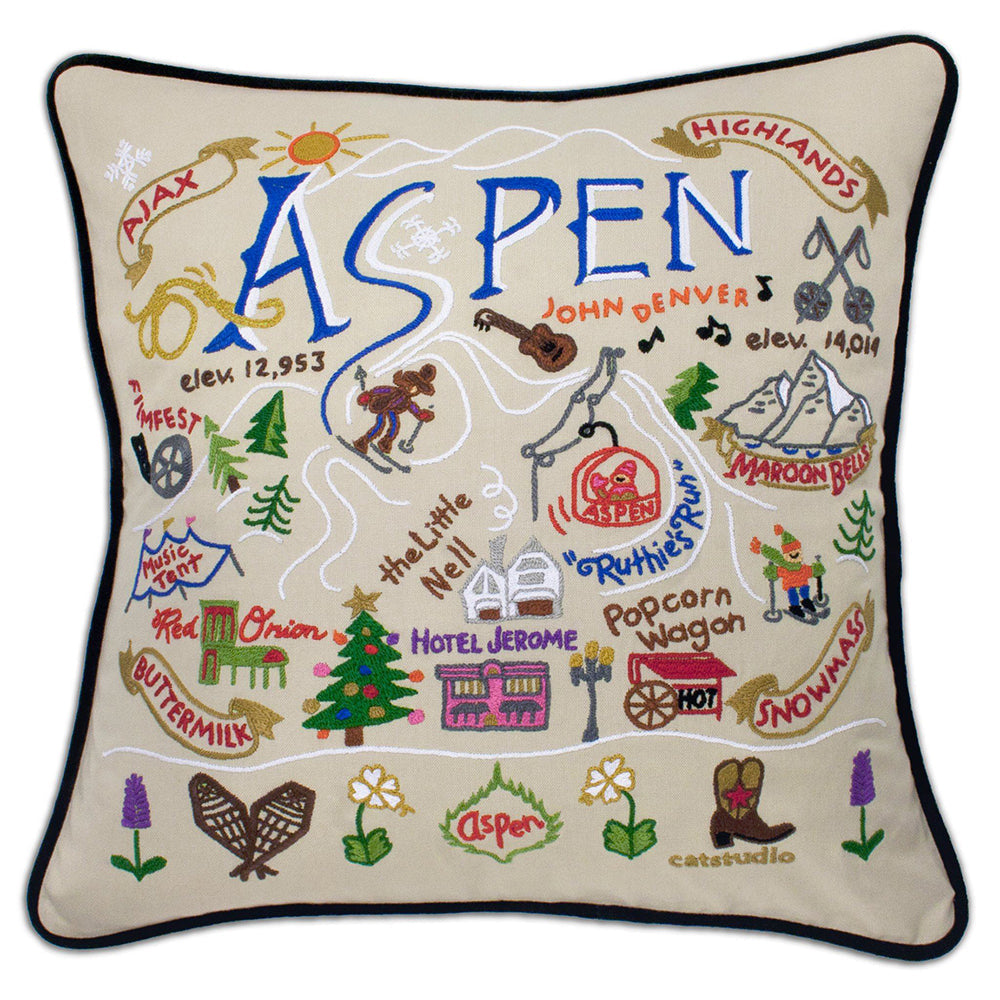 Ski Aspen Hand-Embroidered Pillow