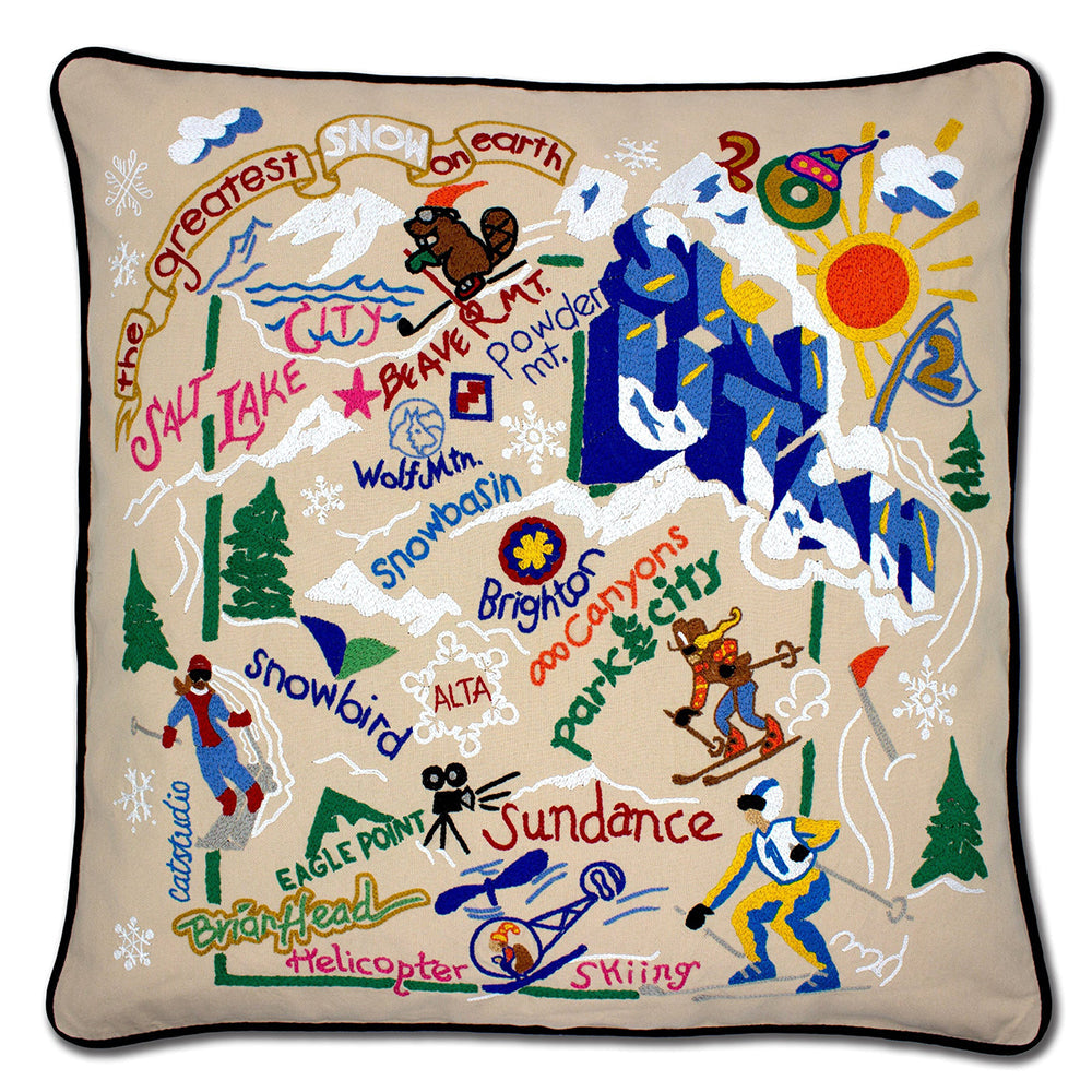Ski Utah Hand-Embroidered Pillow