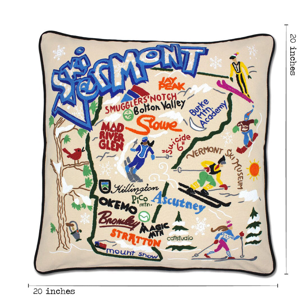 Ski Vermont Hand-Embroidered Pillow