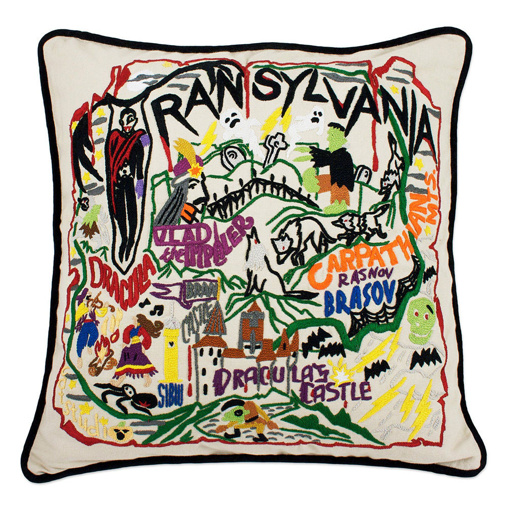 Transylvania Halloween Hand-Embroidered Pillow