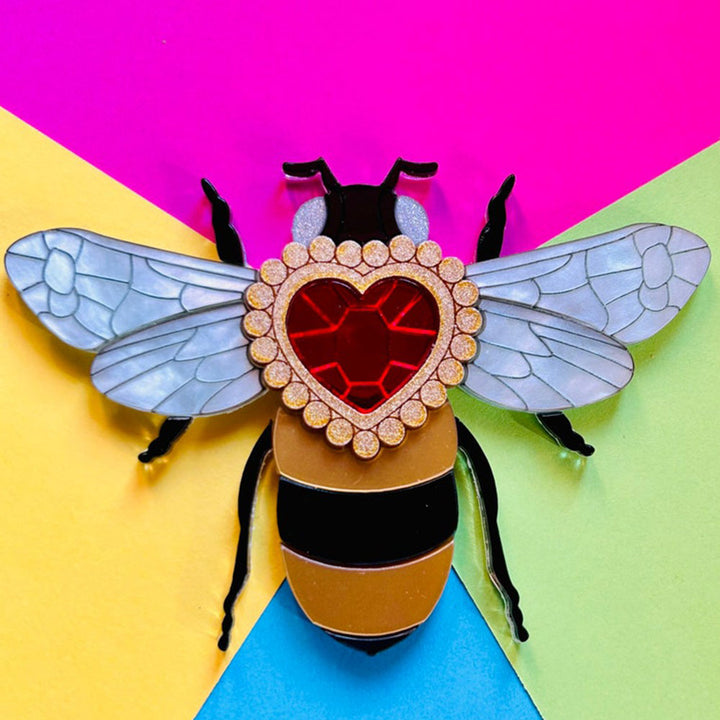 Victorian Age Inspired Insect Jewels Statement Acrylic Brooch - Bee with Diamond Heart by Makokot Design