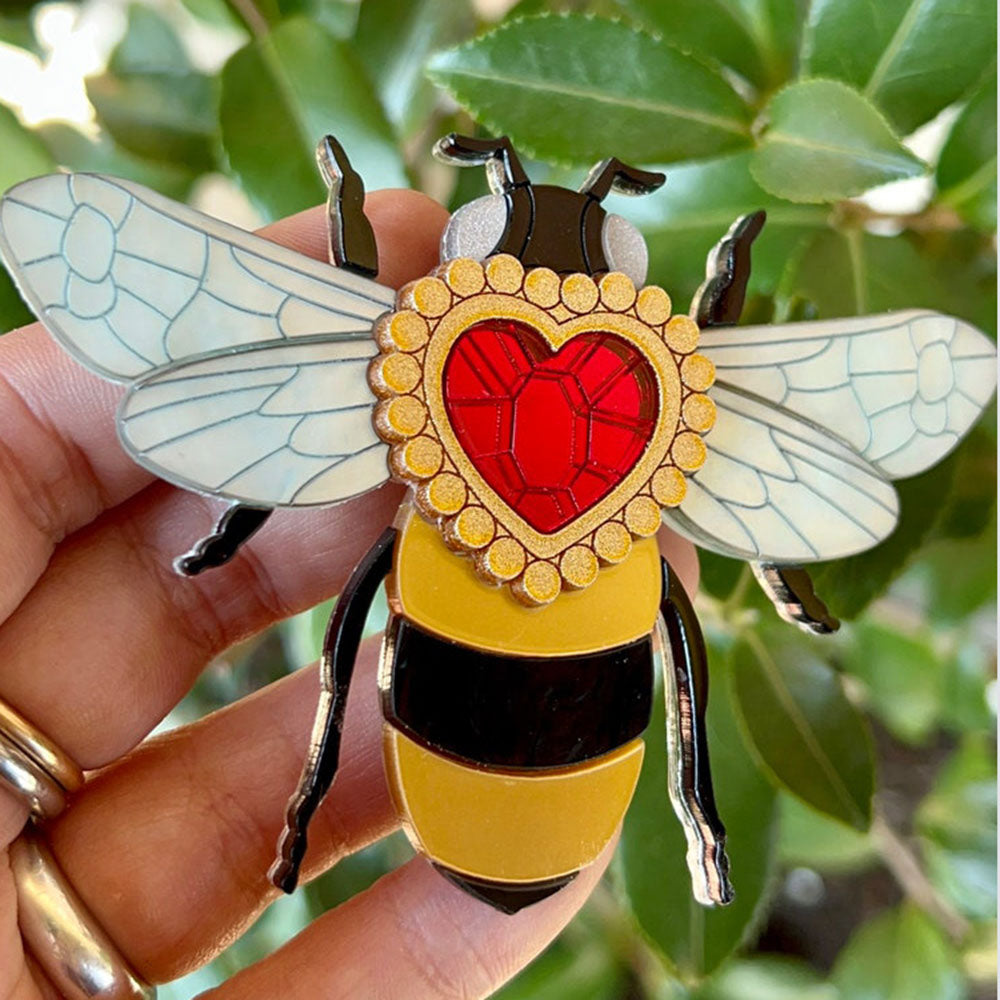 Victorian Age Inspired Insect Jewels Statement Acrylic Brooch - Bee with Diamond Heart by Makokot Design
