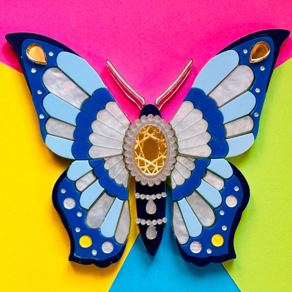 Victorian Age Inspired Insect Jewels Statement Acrylic Brooch - Blue Butterfly by Makokot Design