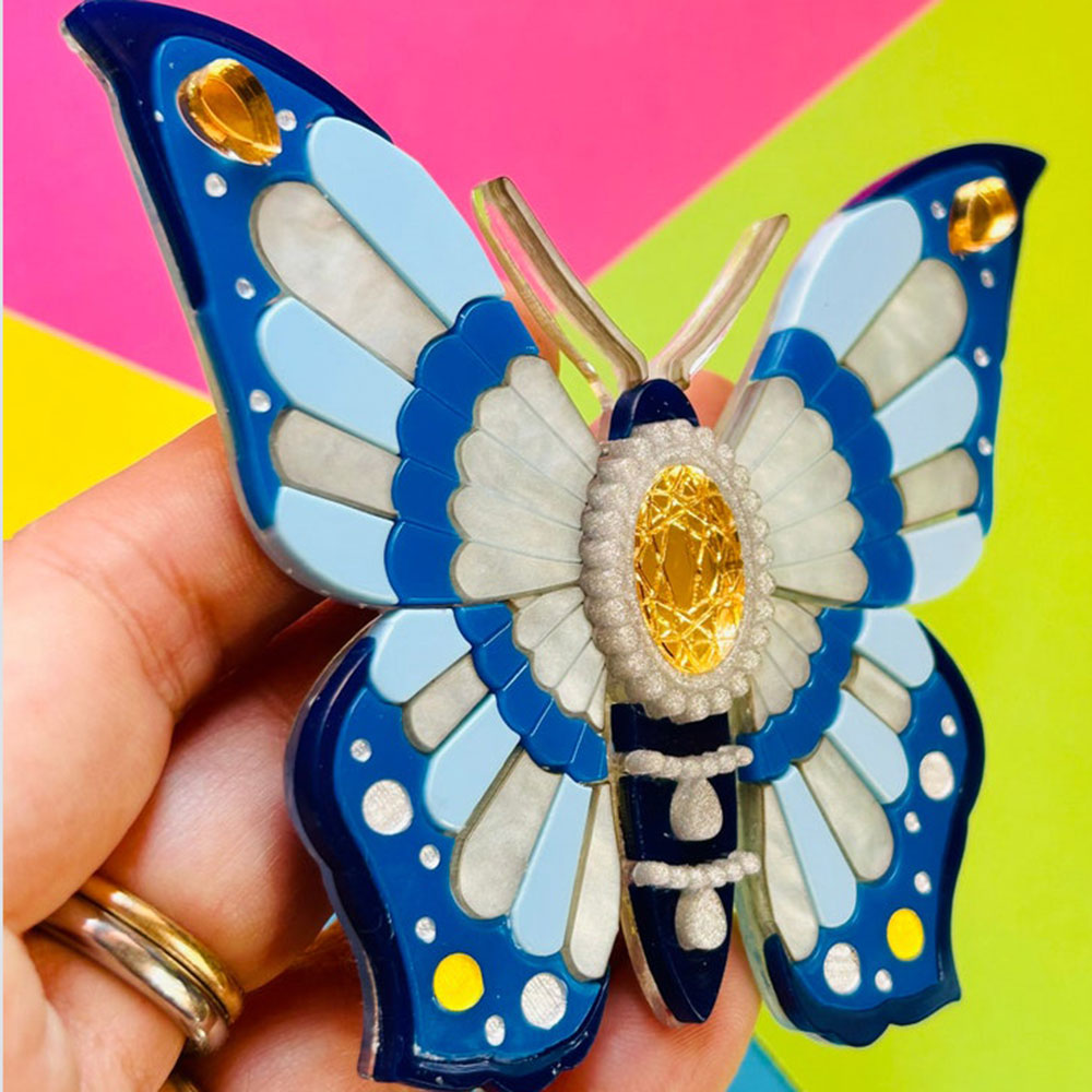 Victorian Age Inspired Insect Jewels Statement Acrylic Brooch - Blue Butterfly by Makokot Design
