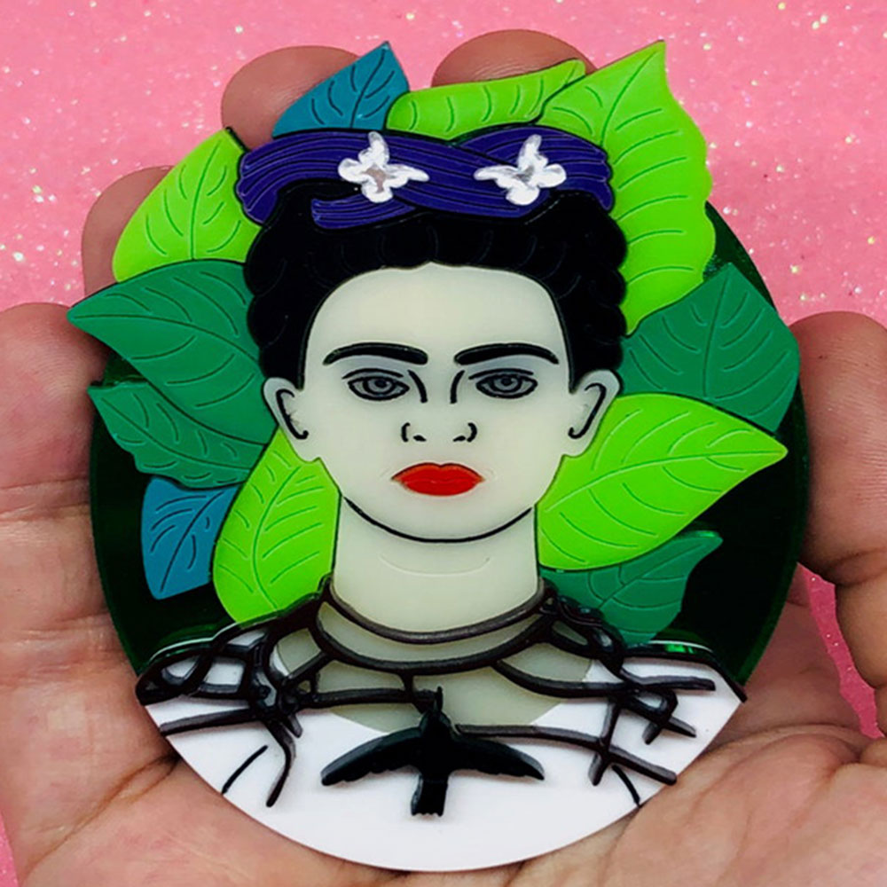 Wearable Art - Frida with Leaves Acrylic Brooch by Makokot Design
