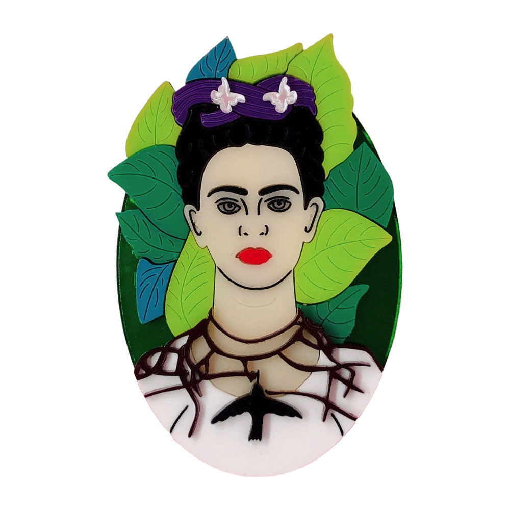 Wearable Art - Frida with Leaves Acrylic Brooch by Makokot Design